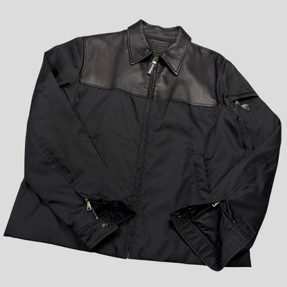 Prada 2013 Triangle Logo Gabardine Nylon & Leather Blouson Jacket - L/XL | O/S, Black