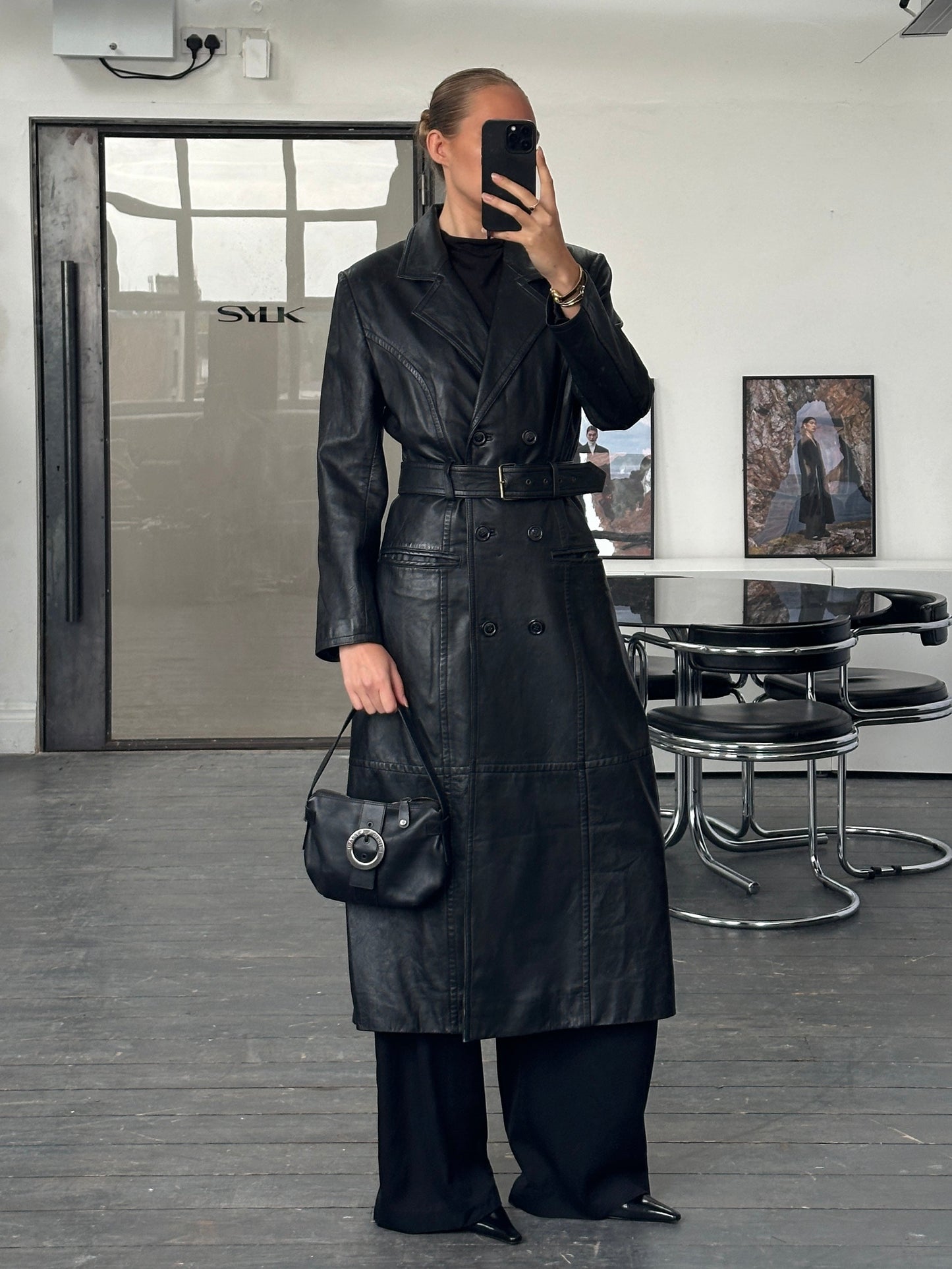 Vintage 1990s Floor Length Belted Leather Trench Coat - M