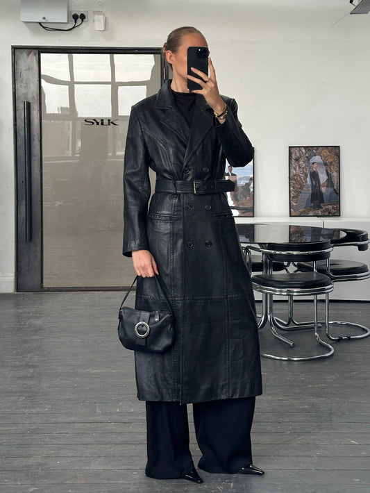 Vintage 1990s Floor Length Belted Leather Trench Coat - M