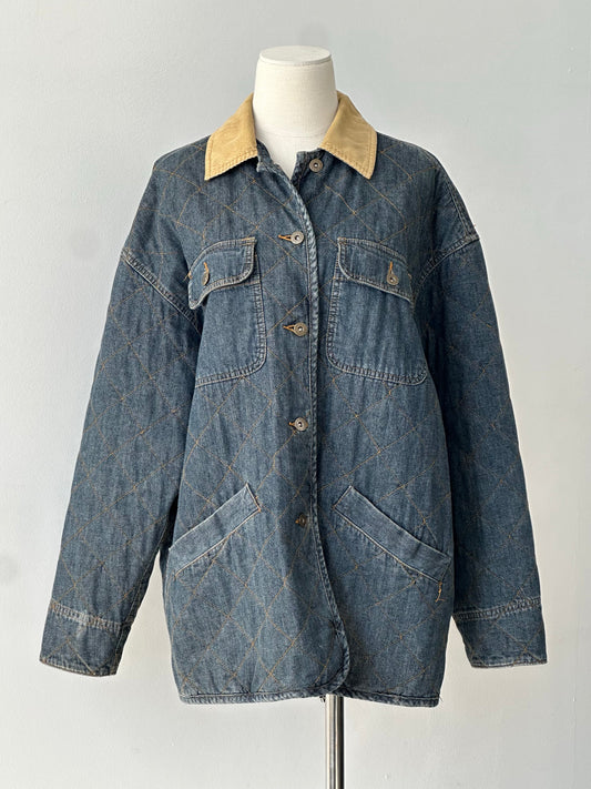 DKNY Jeans 1990s pure cotton jacket, size large, featuring classic design and lightweight fabric, displayed on a hanger.