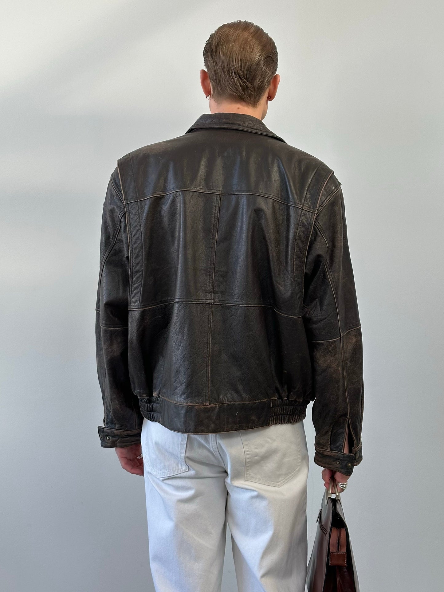Vintage 1990s Distressed Leather Bomber Jacket - XL
