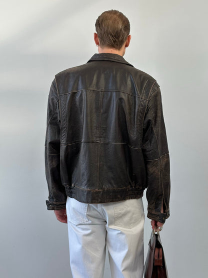 Vintage 1990s Distressed Leather Bomber Jacket - XL