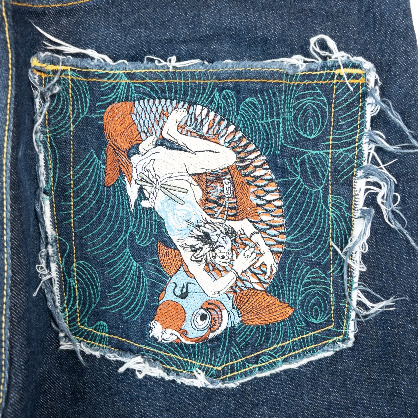 Vintage RMC Red Monkey Company Japanese Fish Rider Embroidered Denim Jeans Size W35