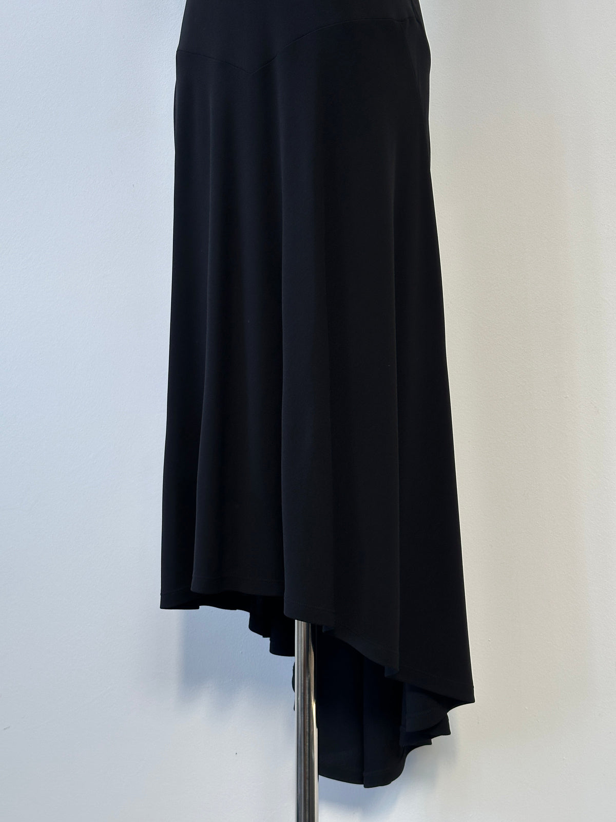 Donna Karan DKNY 1990s high neck asymmetric sleeveless dress, stylish black dress with modern design details.