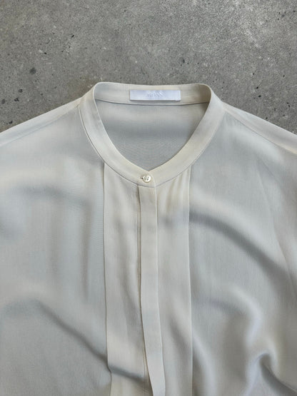 Hugo Boss pure silk collarless shirt in minimal style, displaying smooth fabric and sleek design, size M.