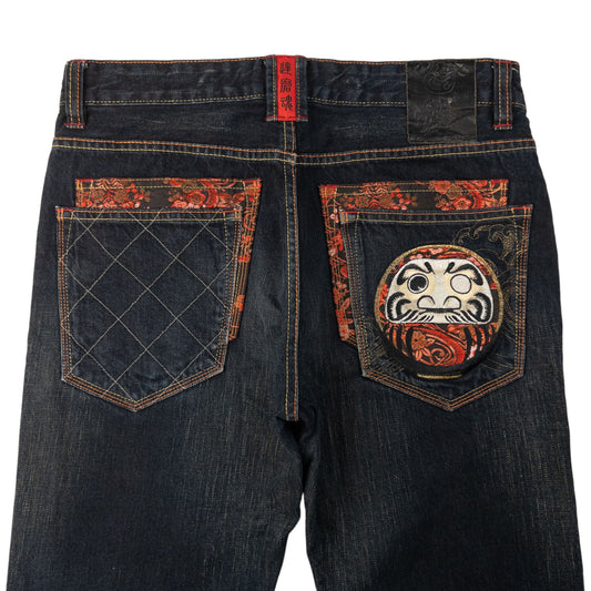 Vintage Big Train Embroidered Patchwork Japanese Denim Jeans Size W33