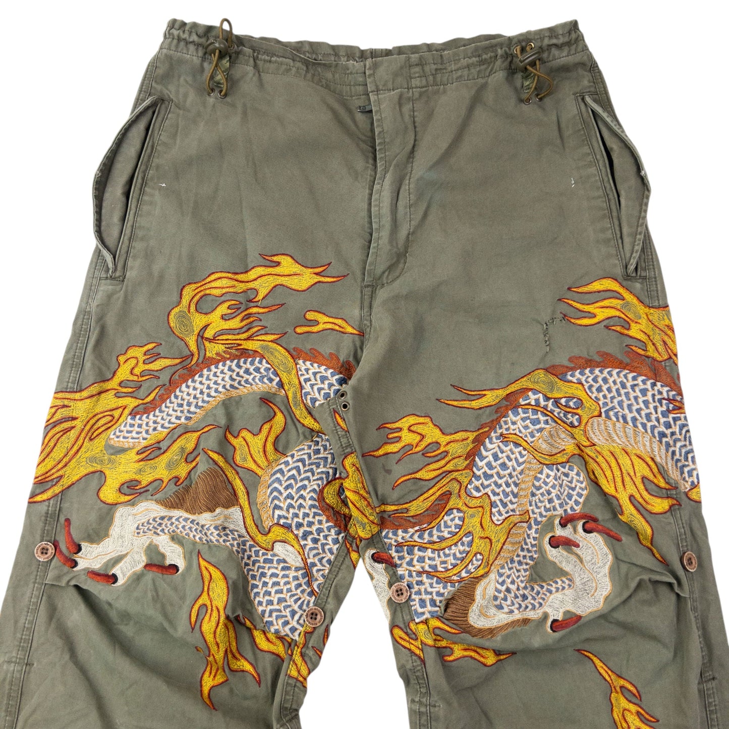 Vintage 2000s Maharishi Embroidered Dragon Roll Up Trousers Size S | Small, Multicoloured