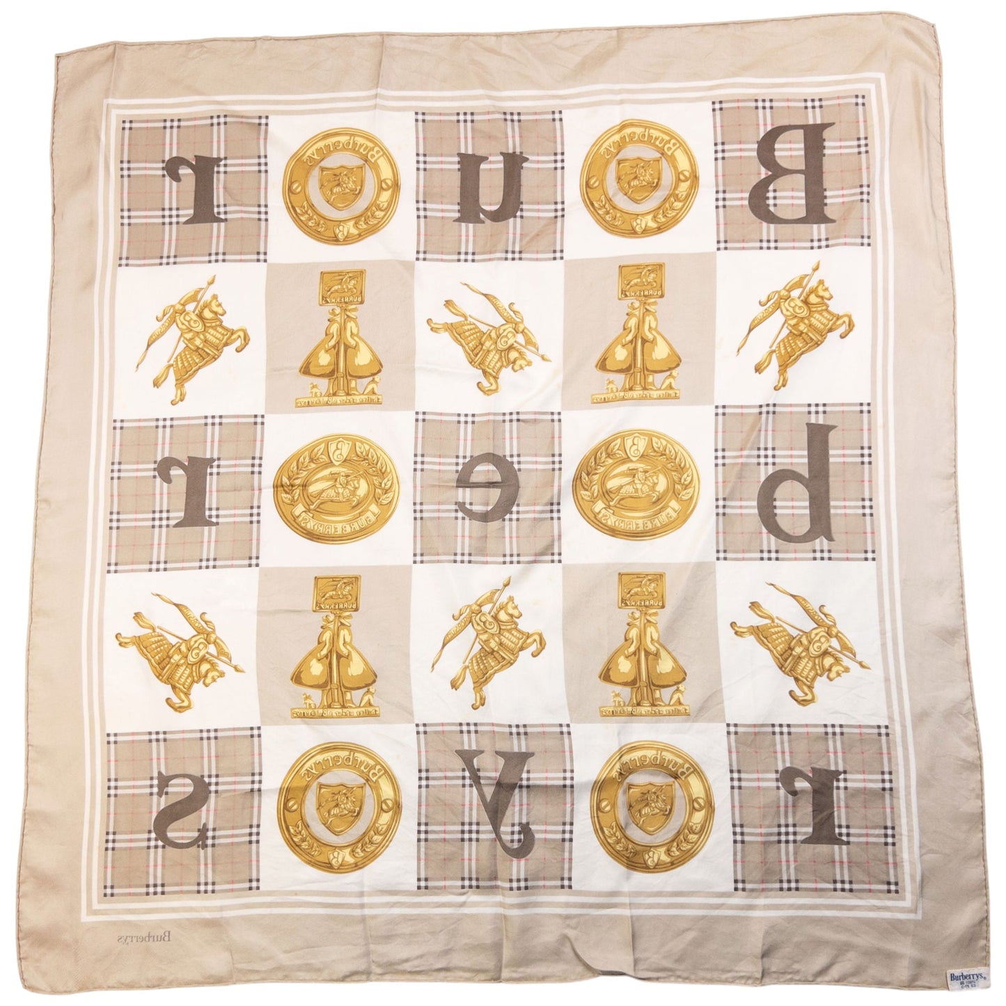 Vintage 90s Burberry Nova Check Gold Logo Print Silk Scarf | O/S, Beige