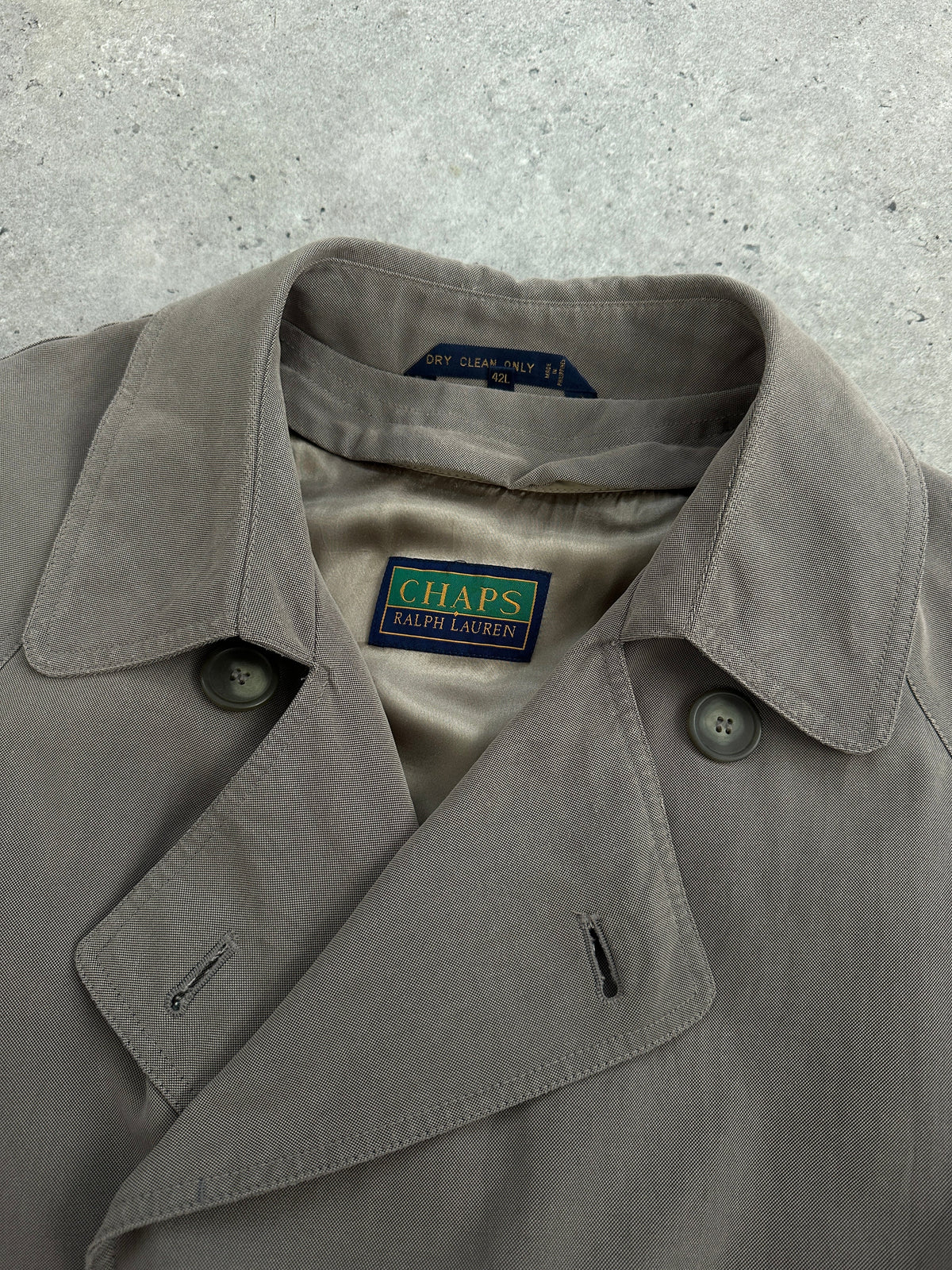 Ralph Lauren Chaps 1990s belted trench coat in XL-XXL, showing classic beige fabric, belted waist, and vintage style details.