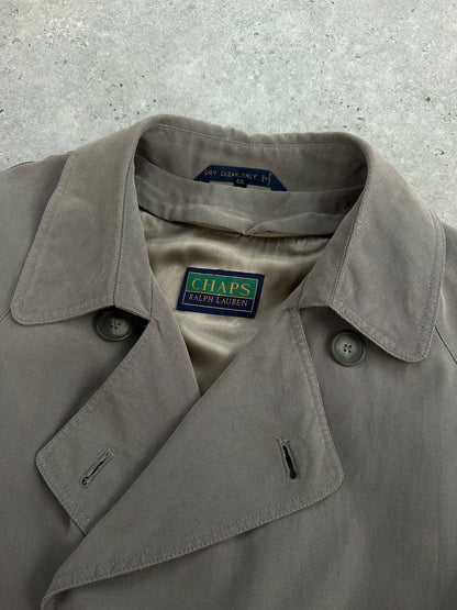 Ralph Lauren Chaps 1990s belted trench coat in XL-XXL, showing classic beige fabric, belted waist, and vintage style details.