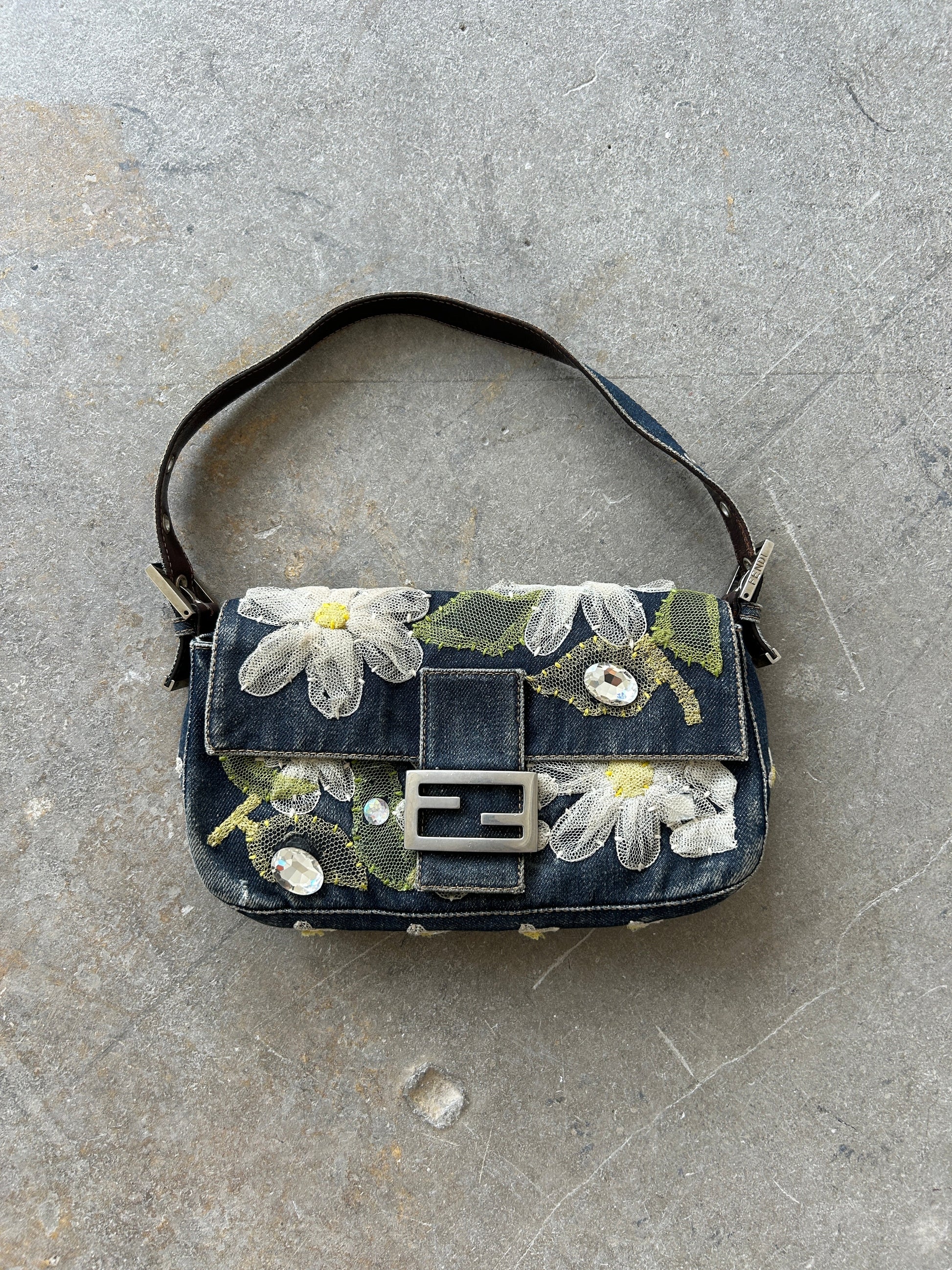 Vintage Fendi Denim Flower Baguette Shoulder Bag RARE – Known Source