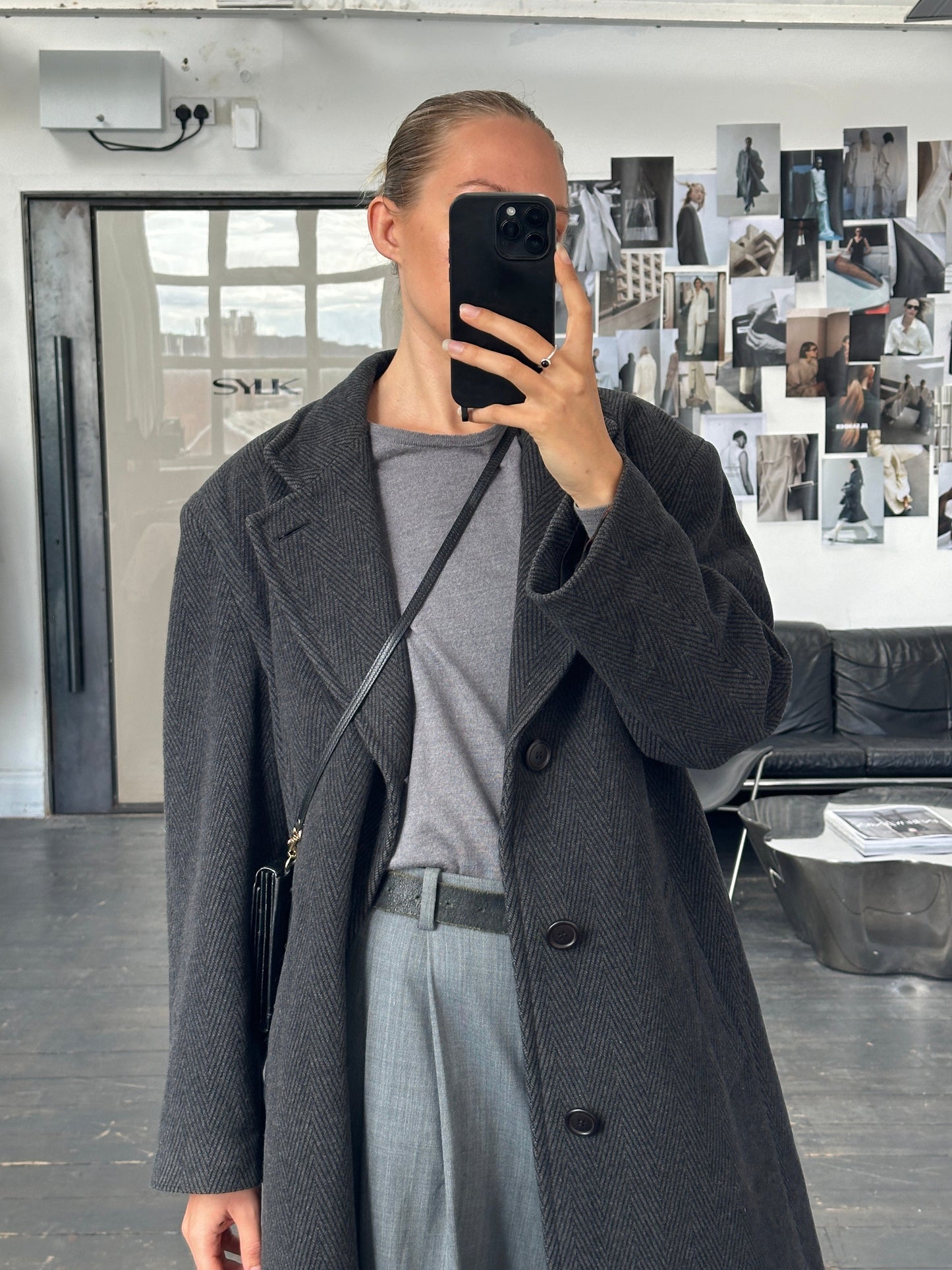 Italian Vintage 1980s Wool Cashmere Herringbone Coat - XL