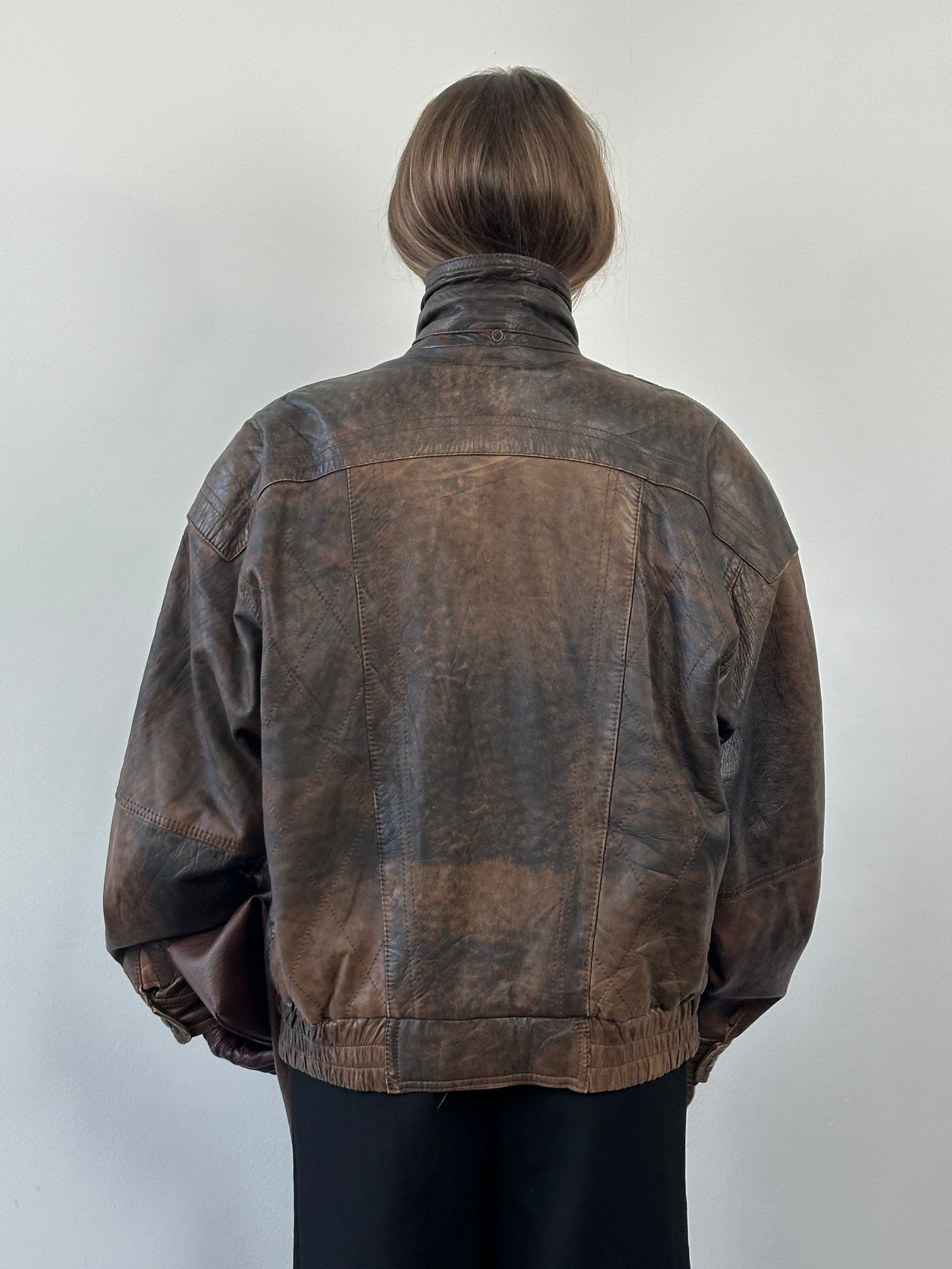 Vintage 1990s High Neck Aged Leather Bomber Jacket - XL