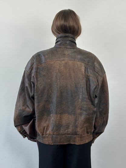 Vintage 1990s High Neck Aged Leather Bomber Jacket - XL