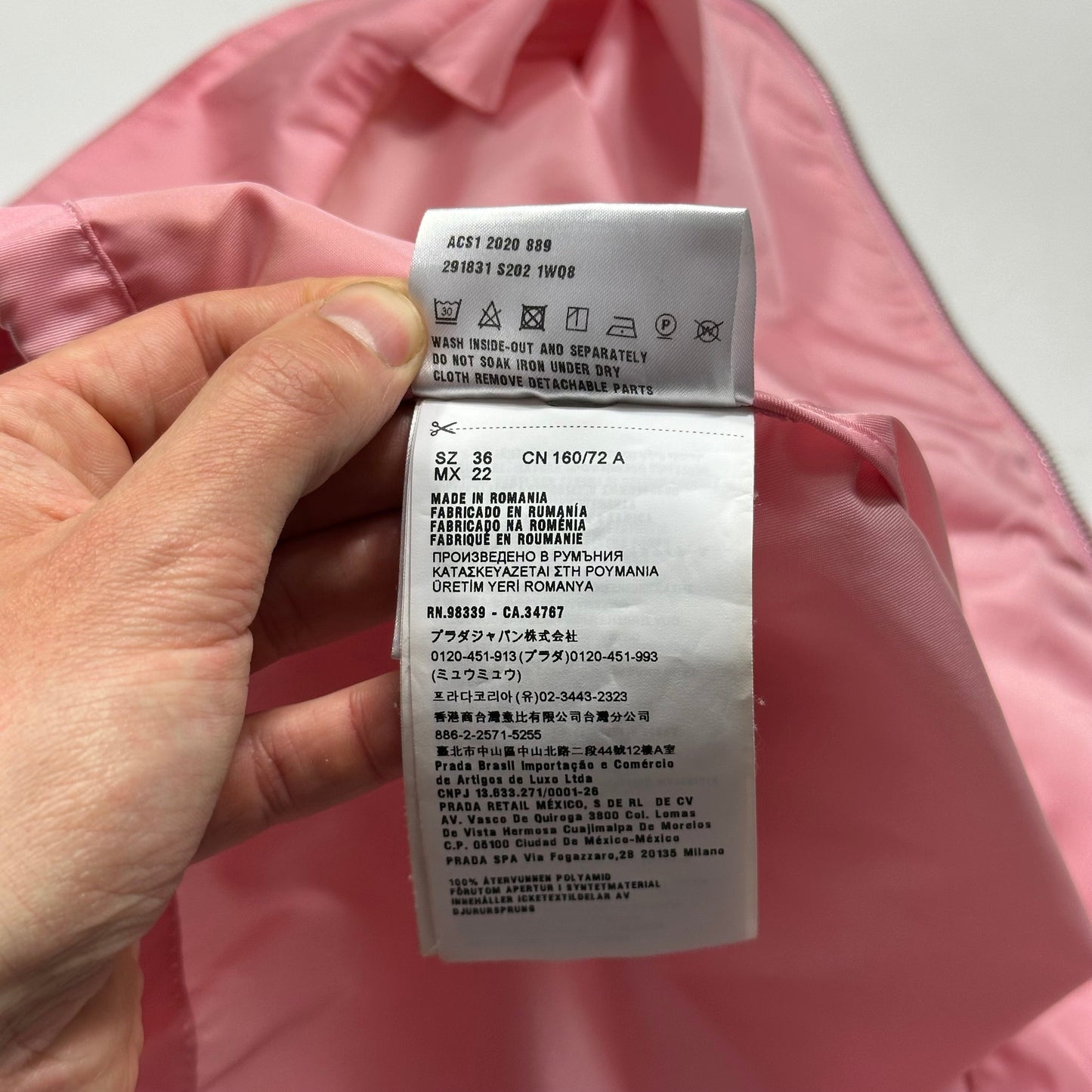 Prada 2020 Baby Pink 3D Triangle Plaque Pouch Re-Nylon Jacket - IT36 (XS-S)