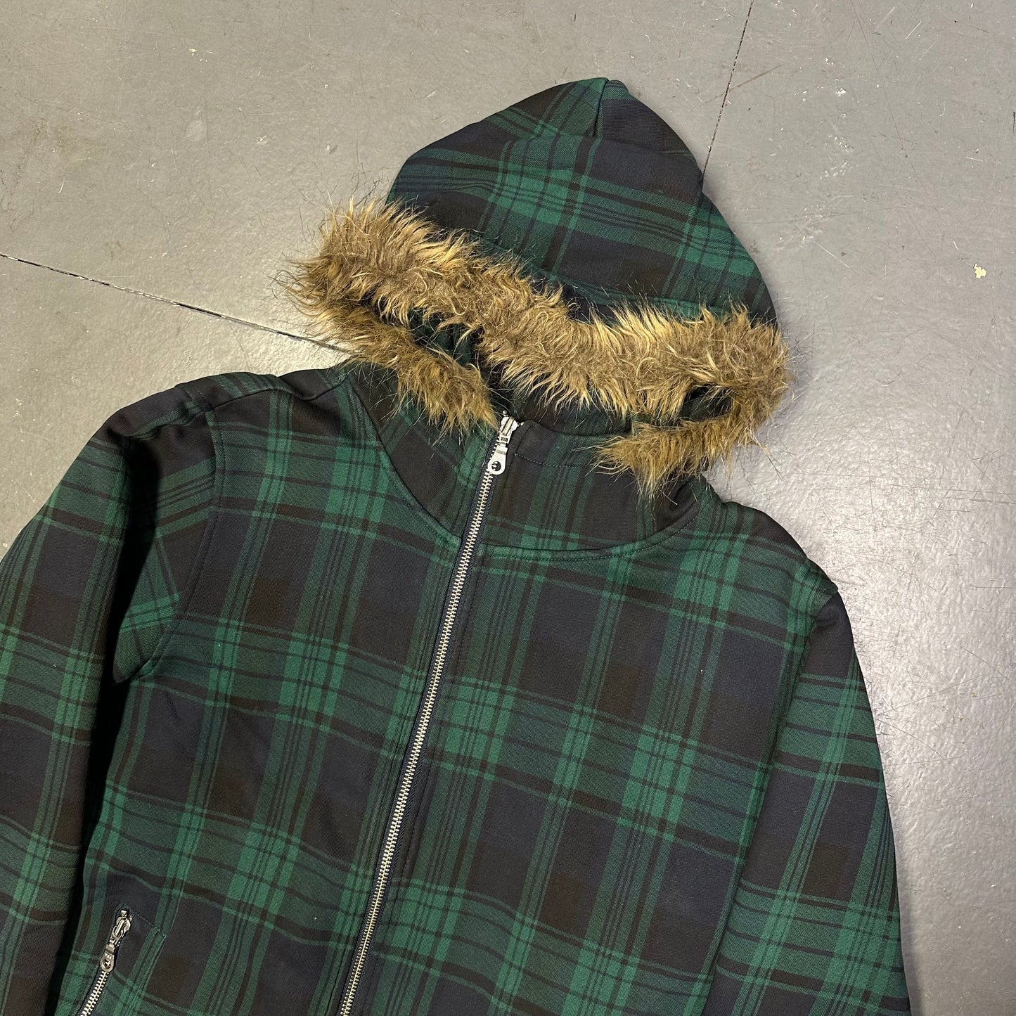 Takeo Kikuchi Plaid Hoodie In Green With Fur Hood  ( L )