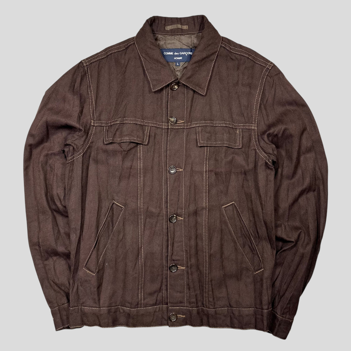 CDG Homme 2004 Crinkle Striped Work Jacket - L (M) | Medium, Brown
