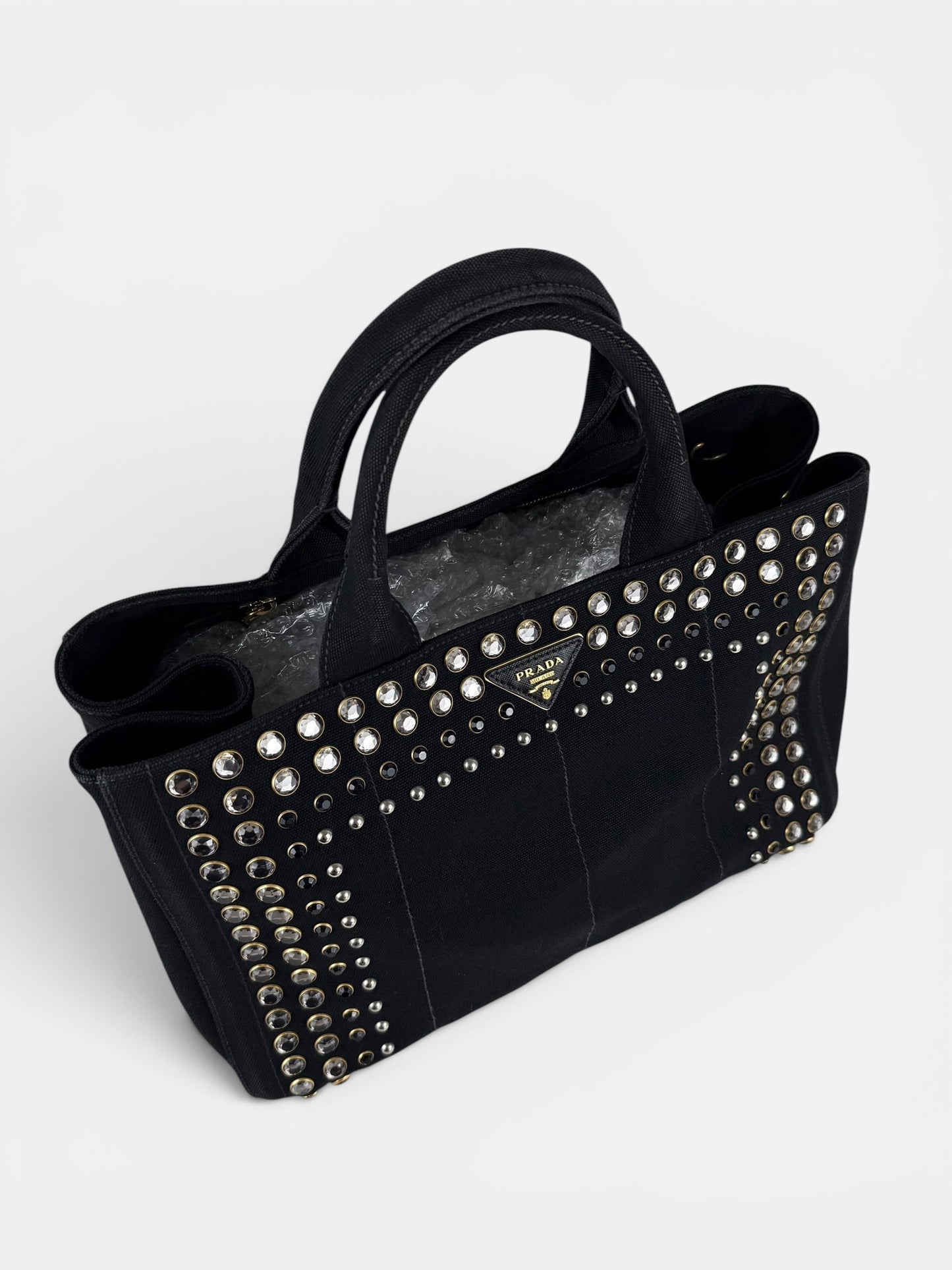 2000s Prada Black Canapa Studded 2-Way Handbag | O/S, Multicoloured