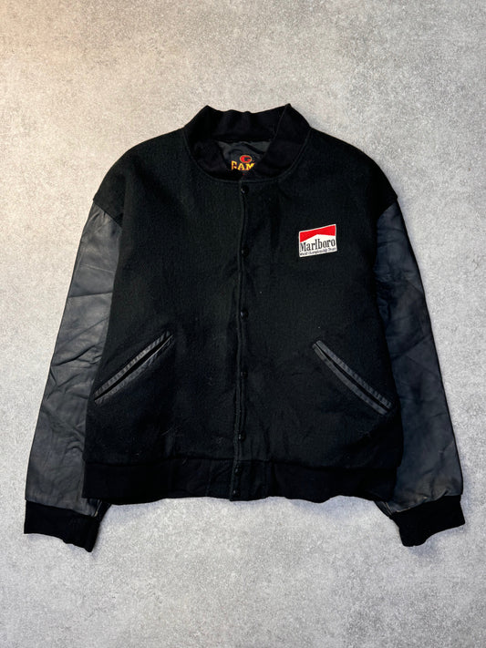 Marlboro Logo Embroidered Leather Sleeve Bomber Jacket