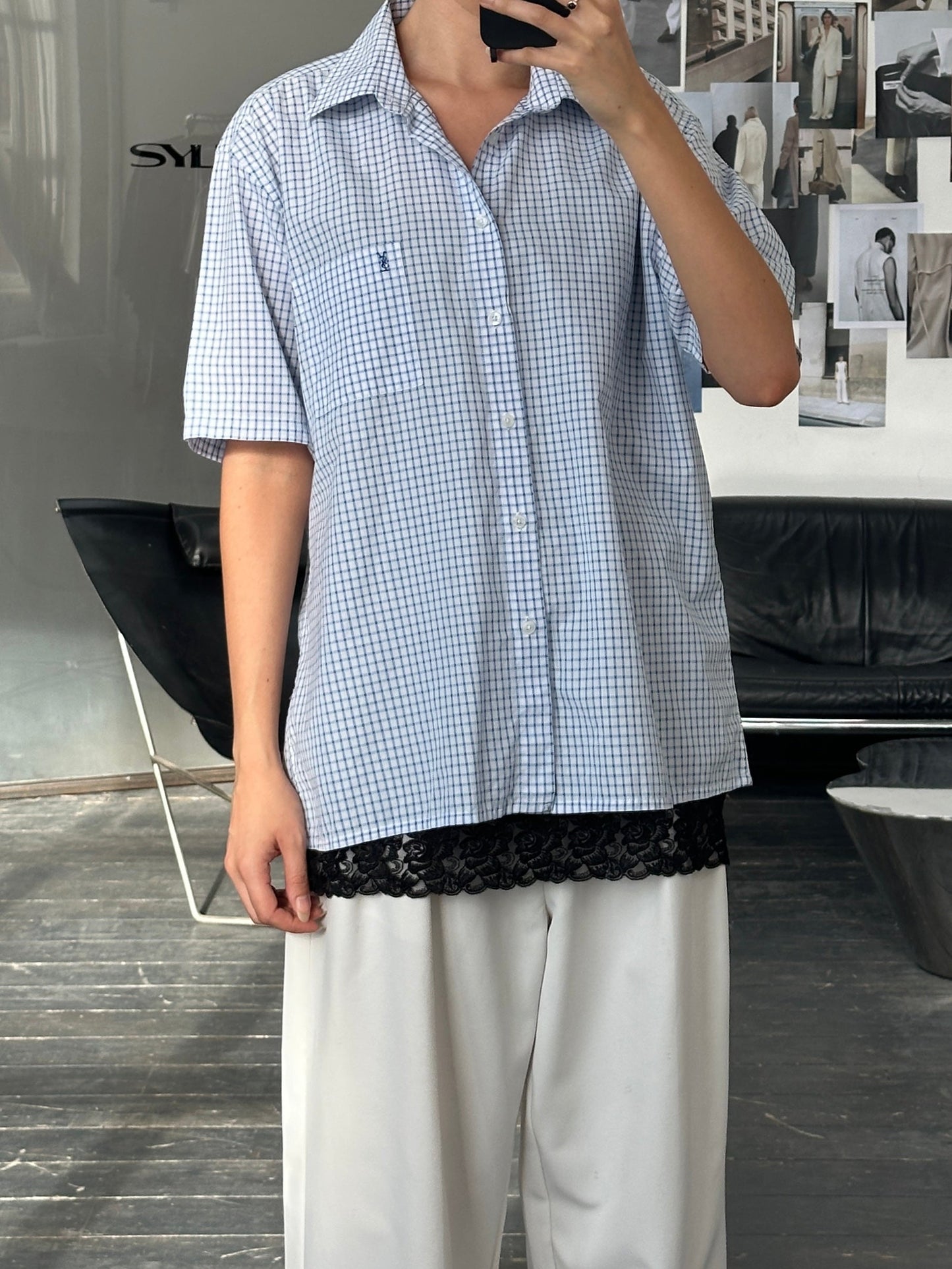 Yves Saint Laurent Pour Homme check cotton short sleeve logo shirt in XL with a classic pattern and logo detail.