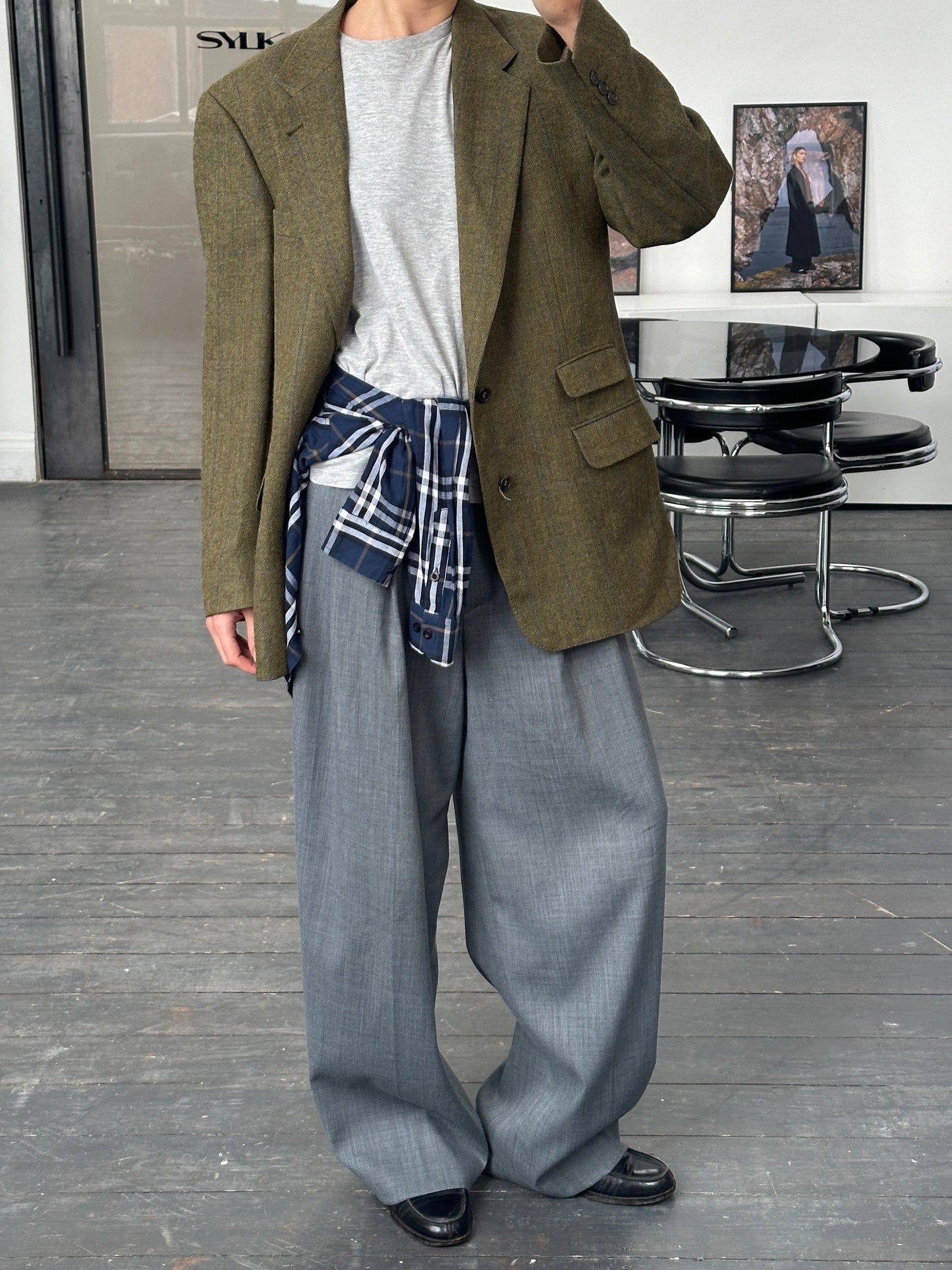 Burberry 1980s Tweed Check Alpaca Wool Single Breasted Check Blazer - 42R/L