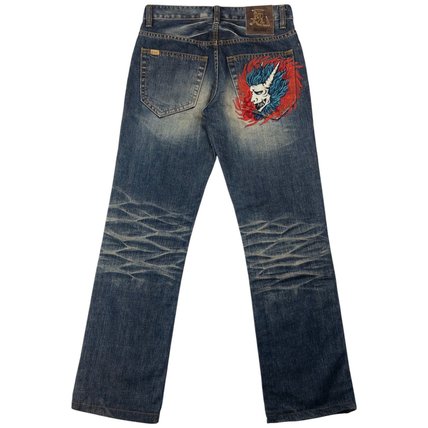 Vintage Oniarai Embroidered Flame Devil Japanese Denim Jeans Size W29