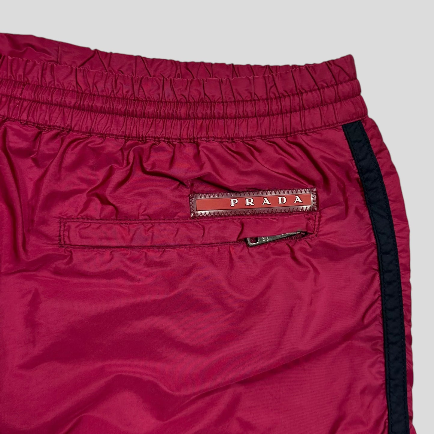 Prada 2015 Nylon Red Tab Stash Pocket Shorts - L