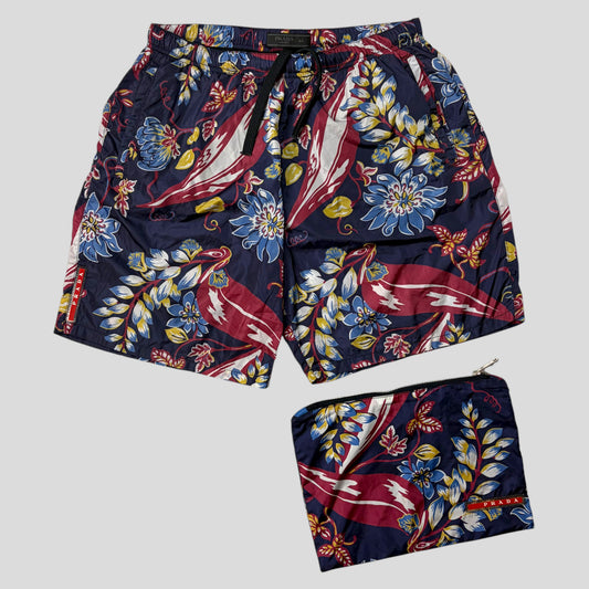 Prada 2014 Floral Nylon Red Tab Logo Shorts + Bag - IT44 | O/S, Red