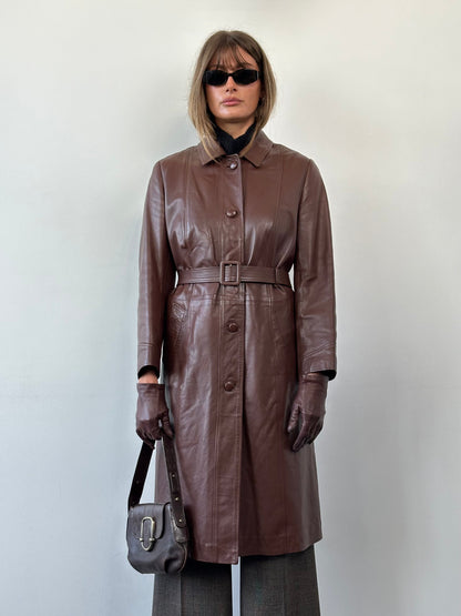 Vintage Smooth Leather Belted Trench Coat - M/L