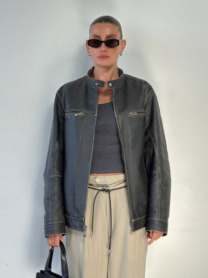 Guess Distressed Moto Leather Jacket - L