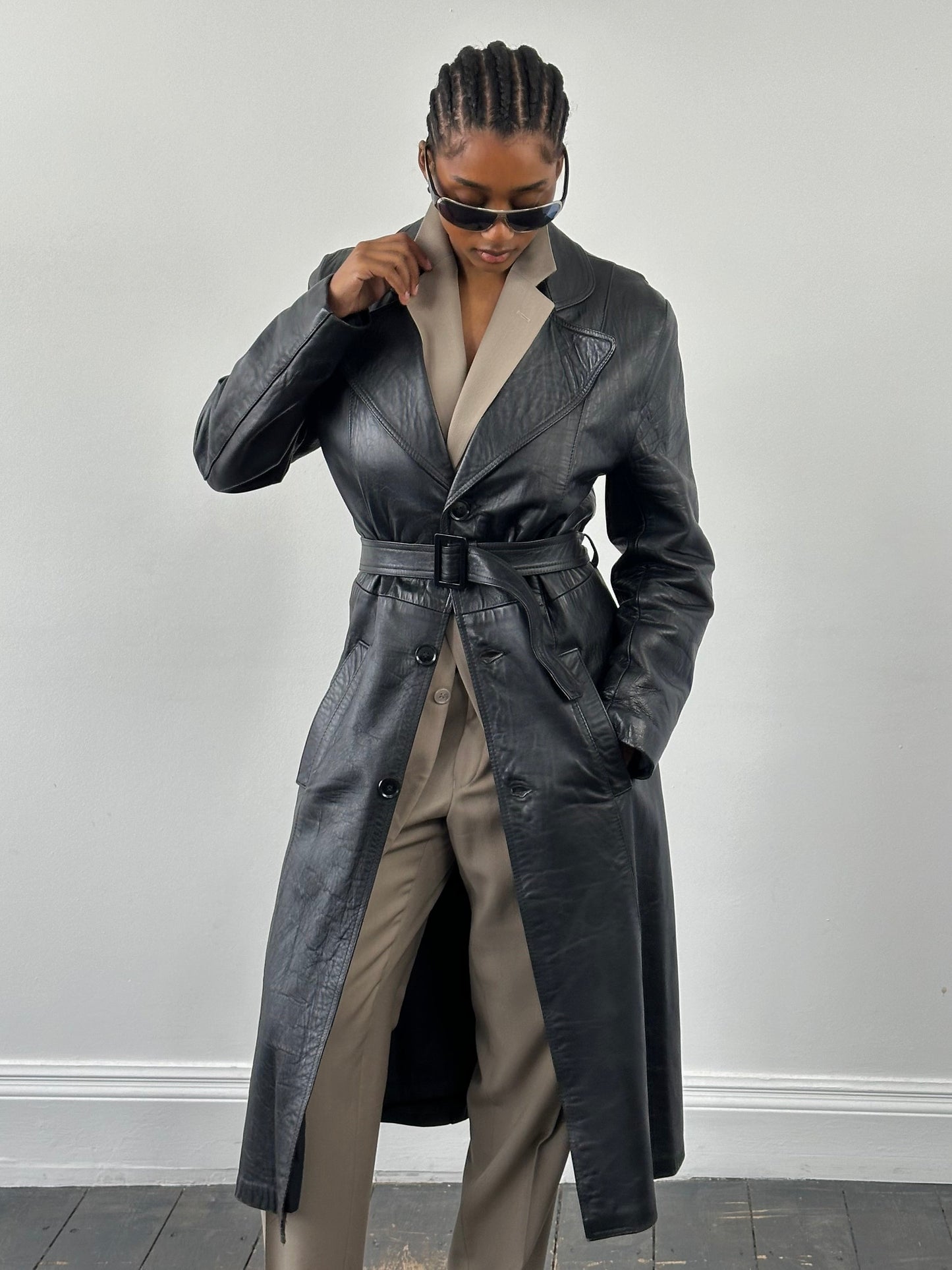 Vintage 1990s Leather Belted Trench Coat - S/M
