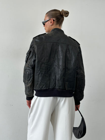 Vintage Distressed Leather Bomber Jacket - M/L