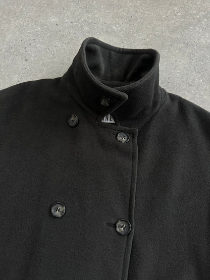 Marella 1990s virgin wool double-breasted coat in size L/XL displayed on a hanger, showcasing classic style and tailored fit.