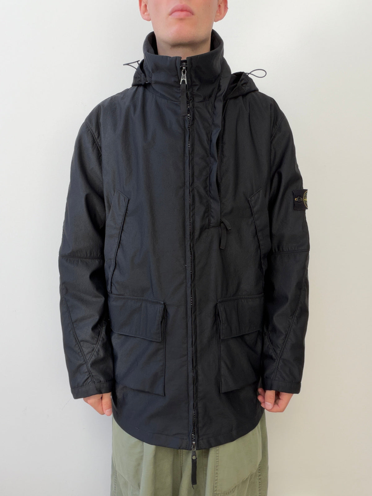 Stone Island AW00 Nylam Dutch Rope Liner Asymmetrical Overcoat | XX-Large, Black