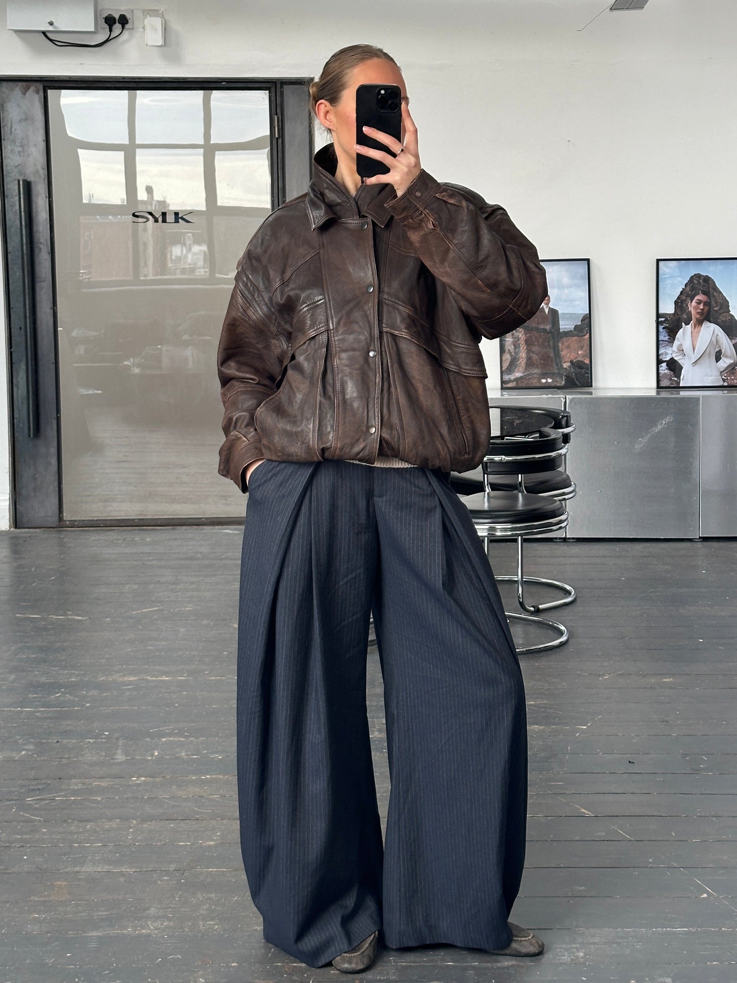 Vintage 1990s Aged Double Collar Leather Bomber Jacket - XL