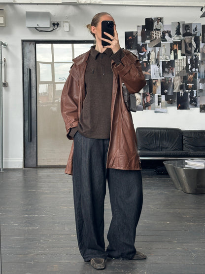 Vintage 1990s Leather High Neck Trench Coat - L