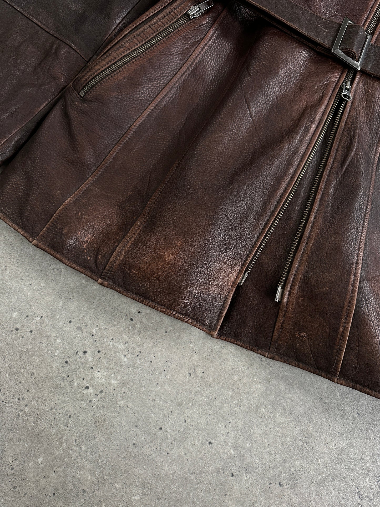 Vintage 1990s Aged Double Zip Belted Leather Jacket - L