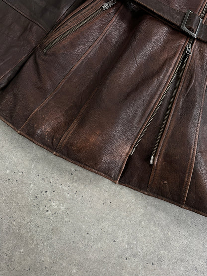 Vintage 1990s Aged Double Zip Belted Leather Jacket - L
