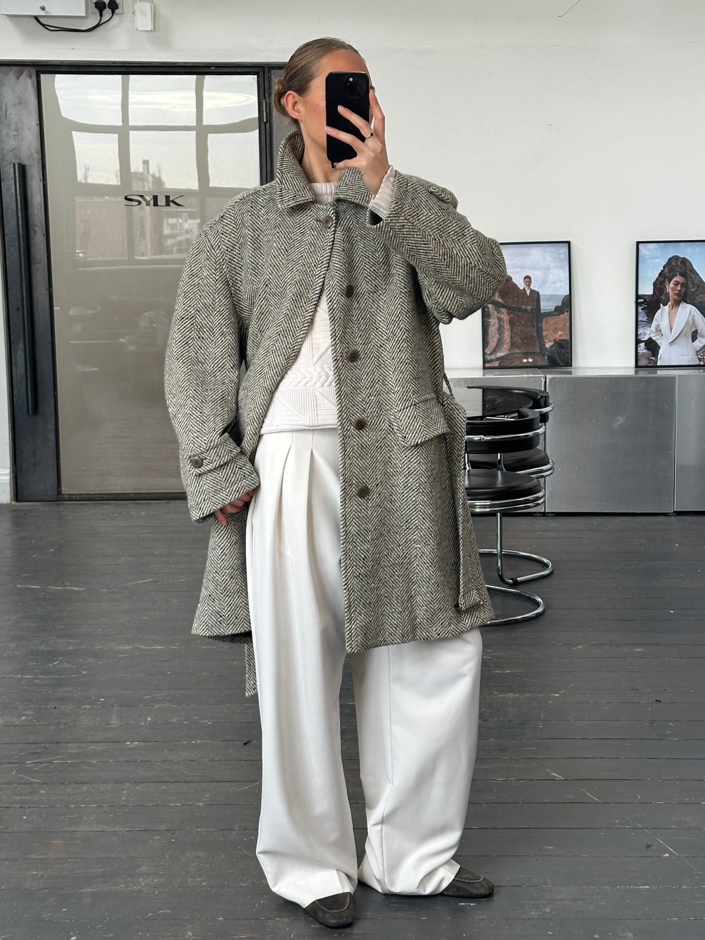 Valentino 1990s Pure Wool Herringbone Belted Coat - XL/XXL