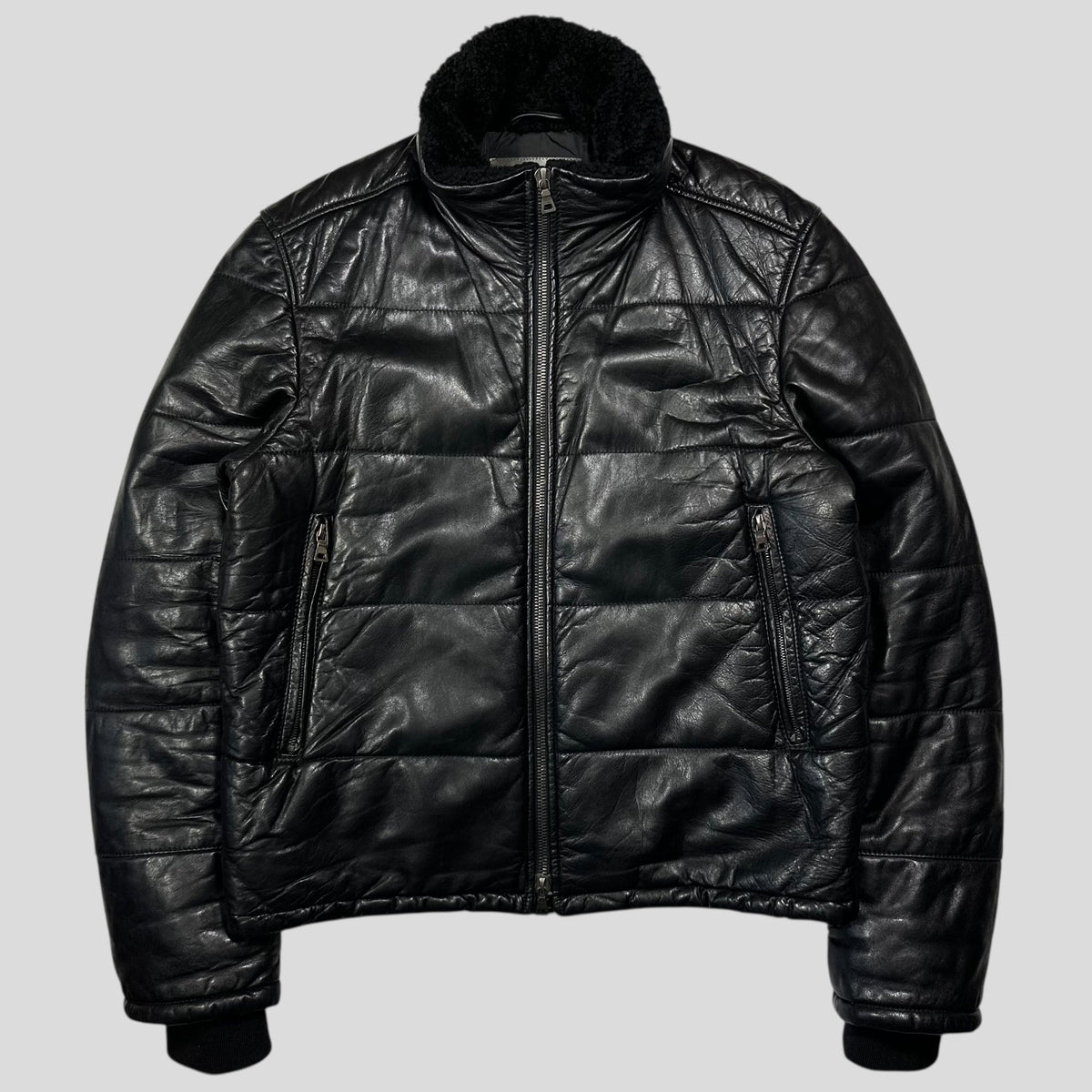 Prada Sport 00’s Leather Aviator Shearling Fur Collar Hooded Puffer - IT52 (L) | Large, Black