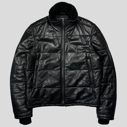 Prada Sport 00’s Leather Aviator Shearling Fur Collar Hooded Puffer - IT52 (L) | Large, Black