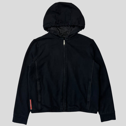 Prada 2017 Red Tab Boxy Cropped Piped Zip-up Hoodie - M | Default Title, Black