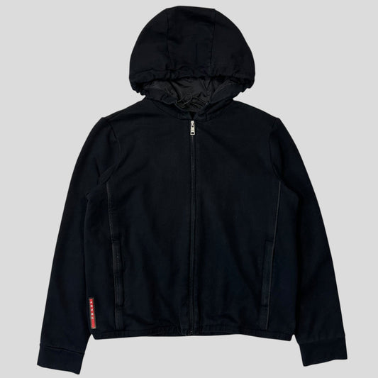 Prada 2017 Red Tab Boxy Cropped Piped Zip-up Hoodie - M | Default Title, Black