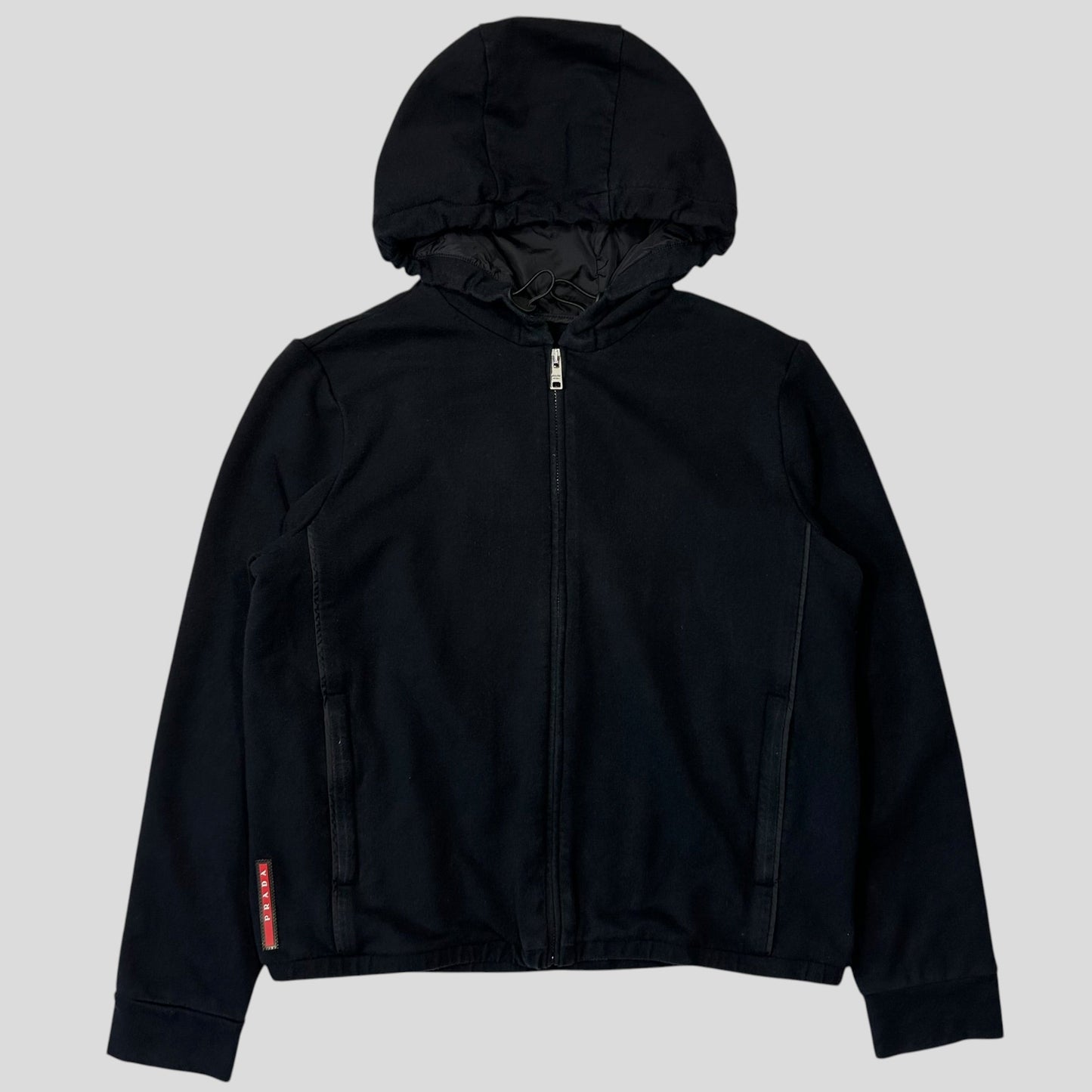 Prada 2017 Red Tab Boxy Cropped Piped Zip-up Hoodie - M | Default Title, Black