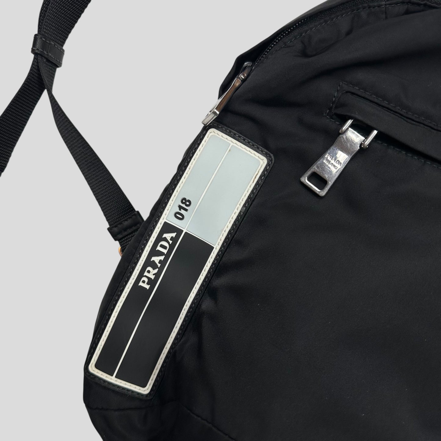 Prada 2018 Rubber Race Logo Nylon Sling Harness Backpack | O/S, Grey