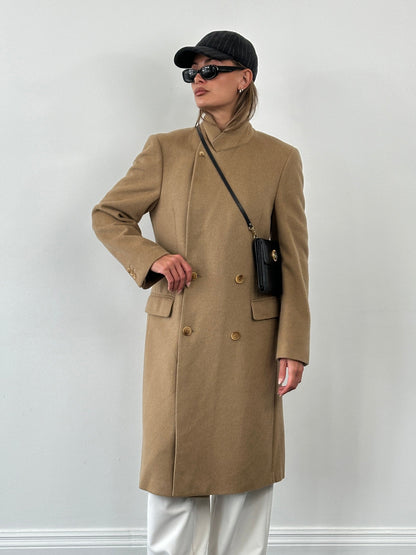 Vintage 1990s Wool Double Breasted High Neck Coat - L