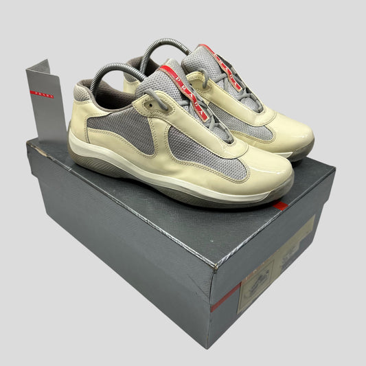 Prada Americas Cup Patent Cream & Grey Mesh Trainer - UK7.5