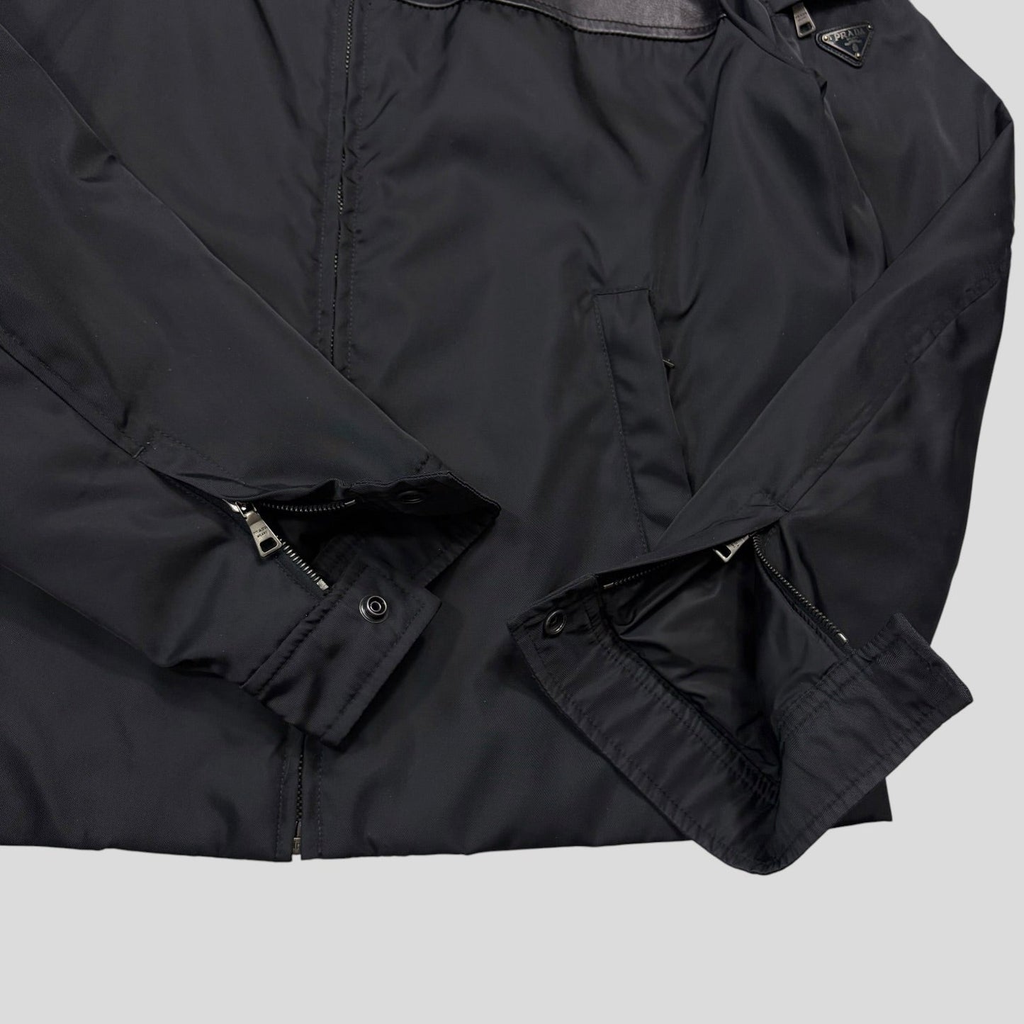 Prada 2013 Triangle Logo Gabardine Nylon & Leather Blouson Jacket - L/XL | O/S, Black