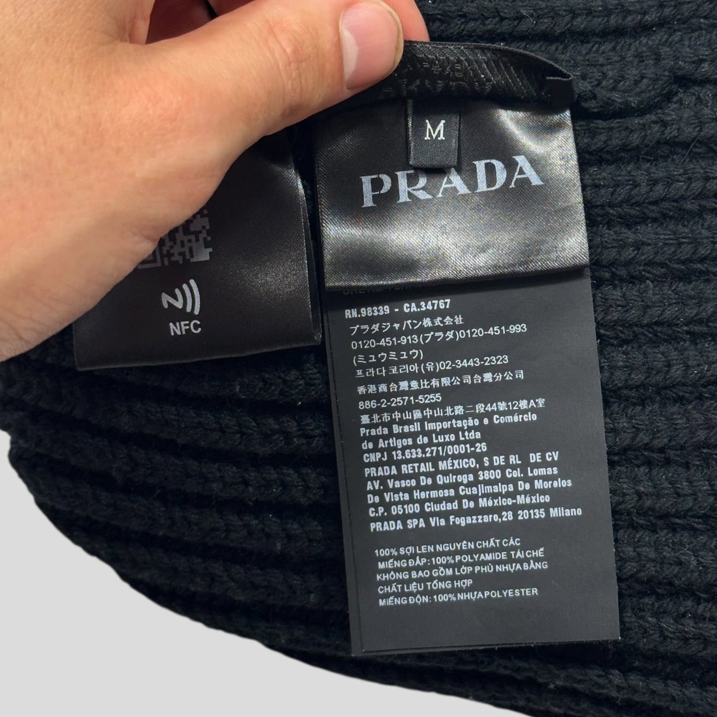 Prada 2020 Braided Virgin Wool + Re-nylon Plaque Logo Beanie - M