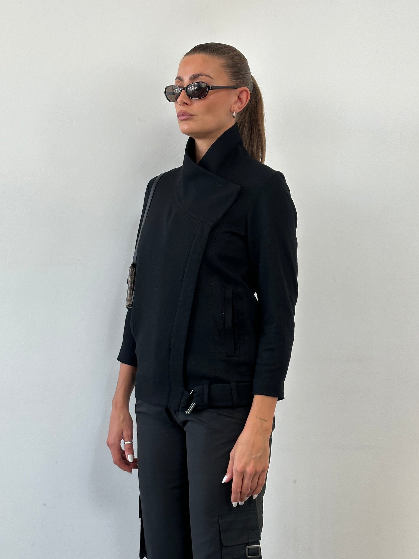 Helmut Lang Asymmetric High Neck Wool Belted Jacket - S